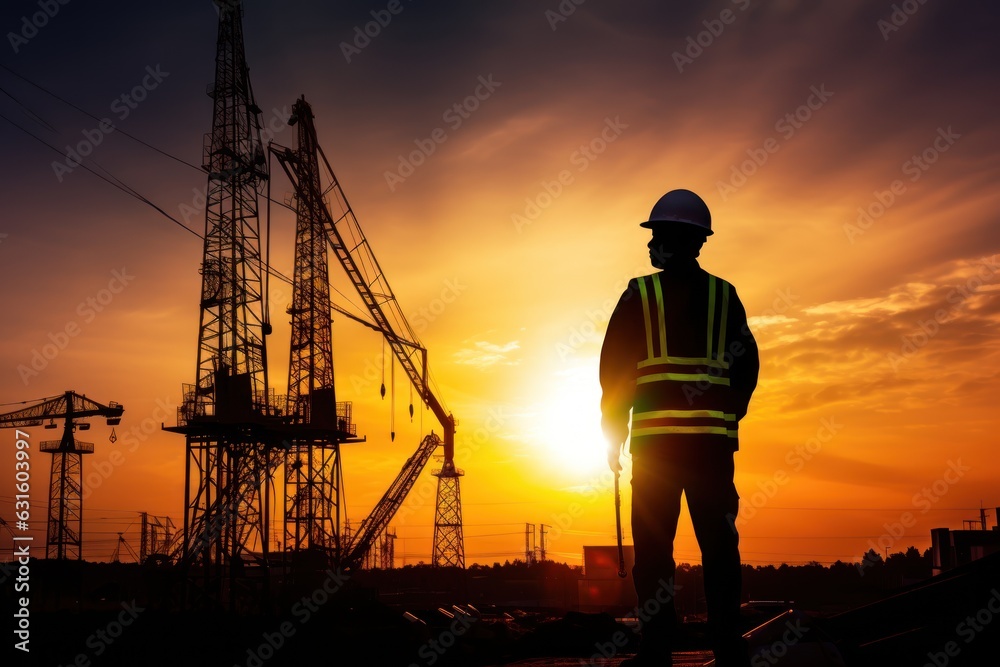 Fototapeta premium Silhouette engineer standing to receive instructions for construction team working in heavy industry at high altitude and safety over pastel colors at sunset blurred nature background.