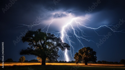 Huge Tree getting Striked by a Powerful Thunderbolt  Cinematic Shot.