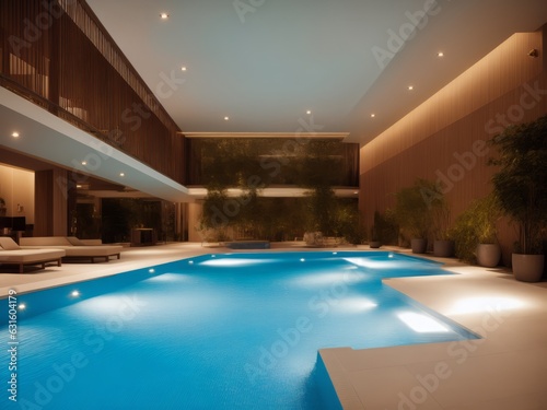 Luxury resort interior. Fancy swimming pool in an atrium hotel. Golds and blues © Arhitercture