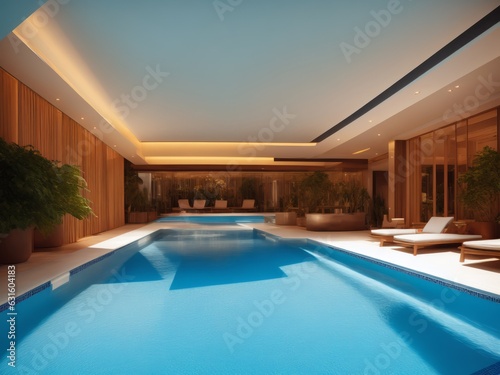 Luxury resort interior. Fancy swimming pool in an atrium hotel. Golds and blues © Arhitercture