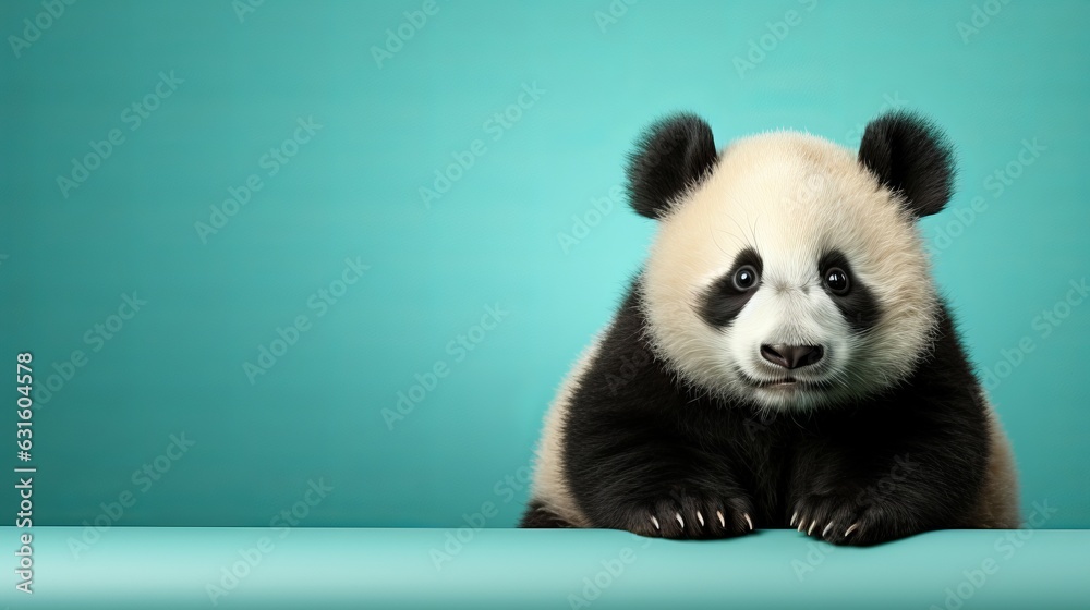 Naklejka premium Panda close-up. bamboo bear, Animal looking at the camera, turquoise background, space for text, banner for advertising. 