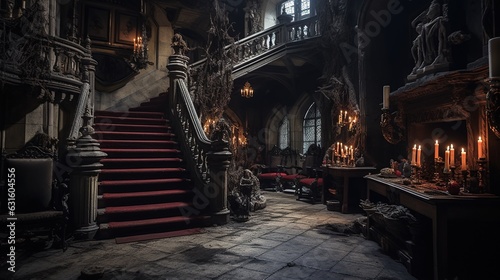 A Scary Interior Design of an Abandoned Medieval Castle lighted by some Candles.