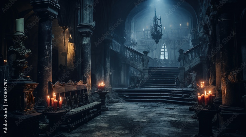 A Scary Interior Design of an Abandoned Medieval Castle lighted by some Candles.