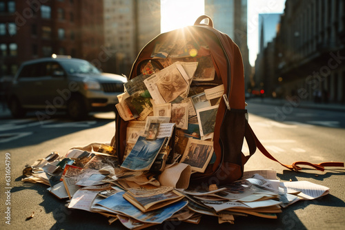 Travel and lifestyle concept. Abstract traveler old and vintage backpack with postcards and other travel requisites. Generative AI