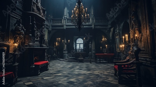 A Scary Interior Design of an Abandoned Medieval Castle lighted by some Candles.