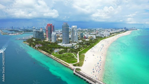 Miami. Miami Beach Florida. Panorama of South Miami Beach FL. Atlantic Ocean. Beautiful seascape. Turquoise color of sea water. Summer vacation in Florida. Aerial view on Hotels and Resorts on Island