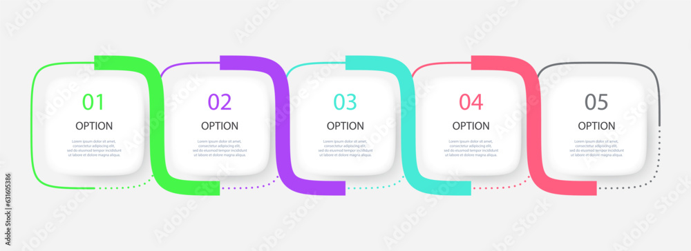 Gradient mesh infographic with 5 square elements and options. Vector illustration.