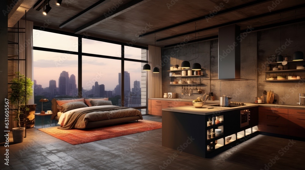 Luxury loft style studio apartment with a free layout in dark colors. Stylish modern kitchen, cozy bedroom area and living area, floor-to-ceiling window with stunning city view. 3D rendering.