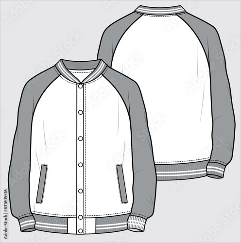 VARSITY JACKET WITH RAGLAN SLEEVES AND TIPPING DETAIL DESIGNED FOR MEN AND TEN BOYS IN VECTOR ILLUSTRATION