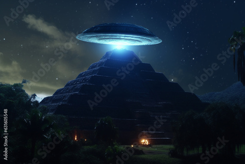 Sci-fi and fantasy concept. UFO and extraterrestrial ships flying over Mexico pyramids in jungles during night and glowing blue light. Generative AI