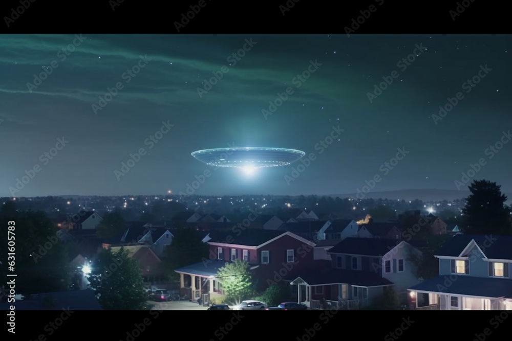 Sci-fi and fantasy concept. UFO and extraterrestrial ships flying over city during night and glowing blue light. Generative AI
