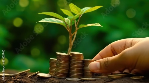 Human hand and young green sprouts growing on coin stacks over green blurred background. Business finance strategy, money earning and saving ideas, future investment concept. Copy space. 3D rendering.