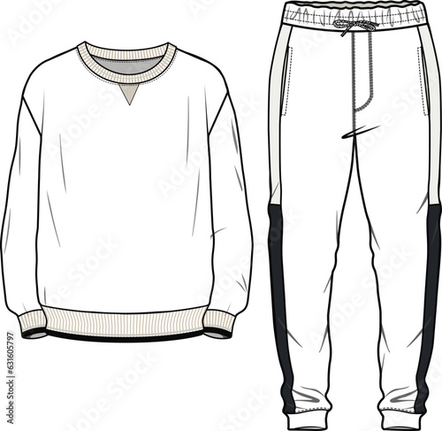 CUT AND SEW PANEL COLOR BLOCK JOGGER AND MATCHING SWEAT SHIRT COORDINATE SET DESIGNED FOR MEN YOUNG MEN AND TEEN BOYS IN VECTOR ILLUSTRATION