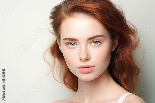 Beautiful ginger girl on white background, cosmetics beauty skin care salon advertisement baner 
