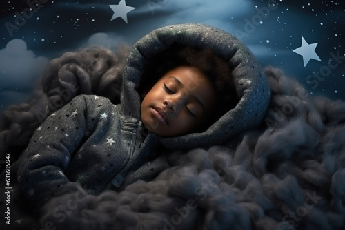 A little child slumbers serenely, cradled within soft clouds and encircled by the vastness of outer space. A little black child sleeps soundly, dreaming of the stars. Generative AI photo