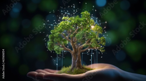 Symbolic magic green tree in a human hand on blurred background. Respect for nature, sustainable energy, care for the environment, ecological development. Earth Day concept. Copy space. 3D rendering.