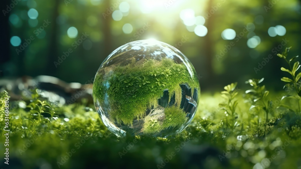 Transparent crystal sphere in a green forest filled with sunlight. Grass and trees are reflected in the glass globe. Protection of water resources concept. Environmental care. Earth Day. 3D rendering. Transparent crystal sphere in a green forest filled with sunlight. Grass and trees are reflected in the glass globe. Protection of water resources concept. Environmental care. Earth Day. 3D rendering.