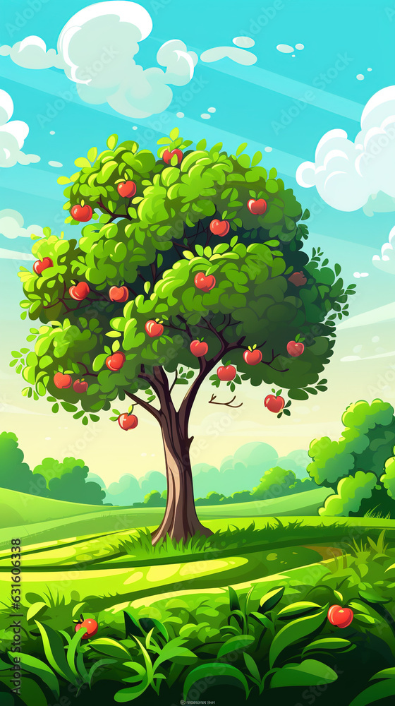 apple tree in the field, cartoon style