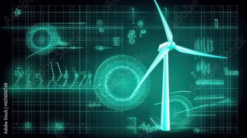 Graphic image of wind generator and diagram of energy production and use on green background. Sustainable wind energy process. Virtual data technology. Green energy production. Mockup, illustration.