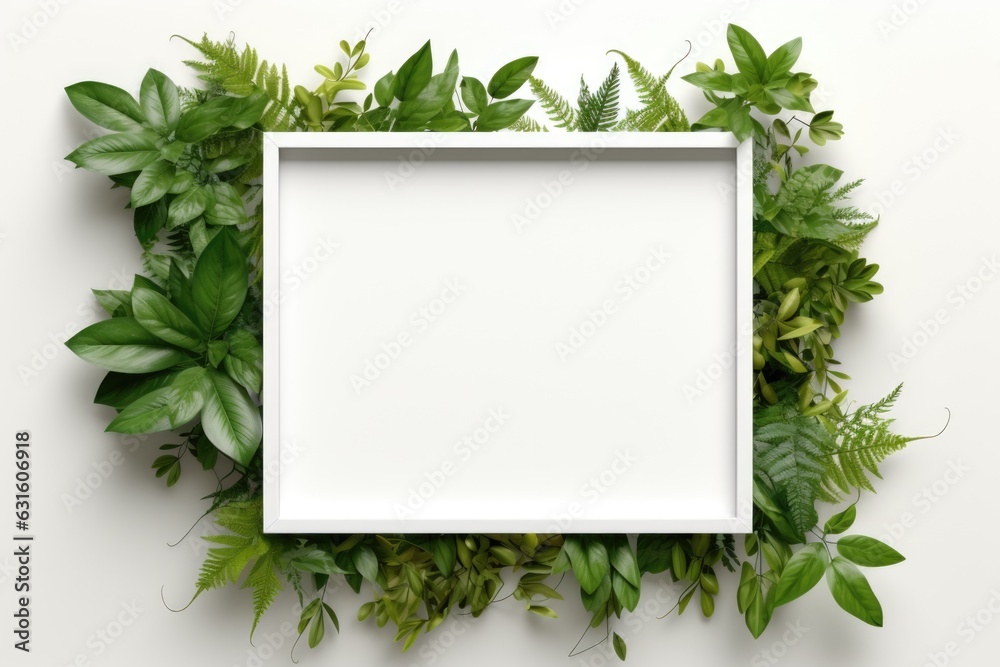 Mockup frame, An arrangement of a wooden frame with the fresh touch of a green creeper plant subtly winding along its edges. Generative AI Mockup frame, An arrangement of a wooden frame with the fresh touch of a green creeper plant subtly winding along its edges. Generative AI