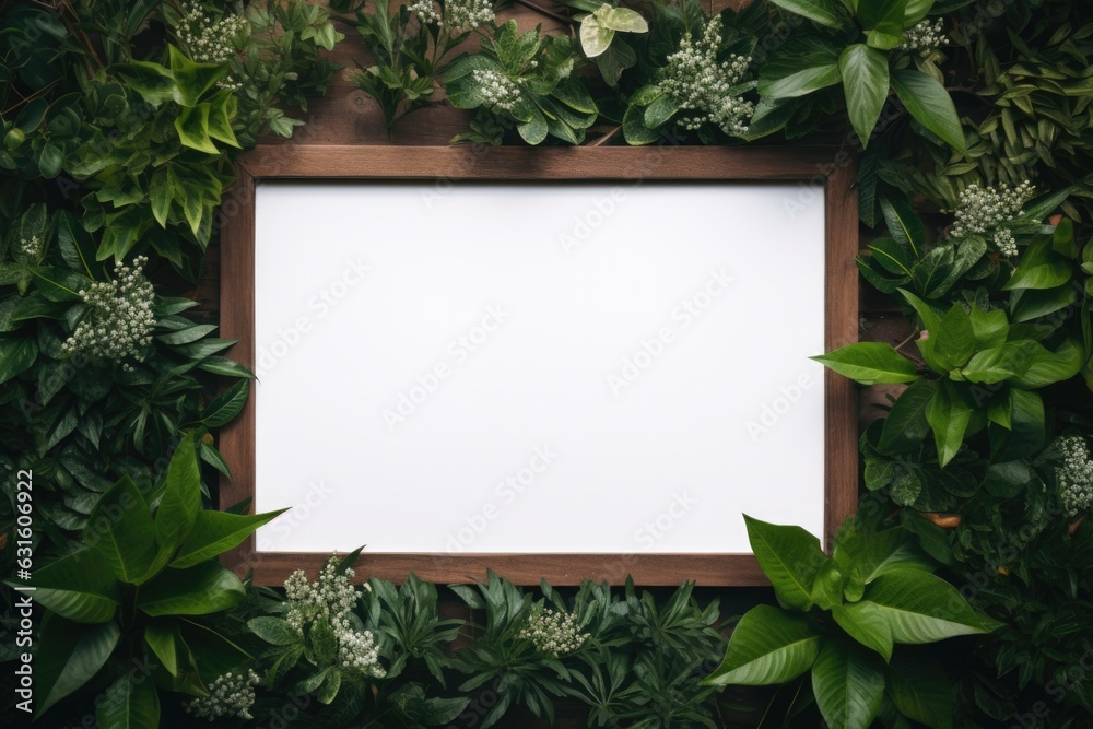 Mockup frame, An arrangement of a wooden frame with the fresh touch of a green creeper plant subtly winding along its edges. Generative AI Mockup frame, An arrangement of a wooden frame with the fresh touch of a green creeper plant subtly winding along its edges. Generative AI