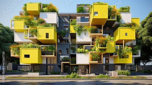 yellow and white building made out of cubes as a student home, lot of green plants