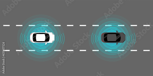 Smart Car with Remote Sensing and Sensor System. Driverless or Autonomous Car on the Road. Vector Illustration.  