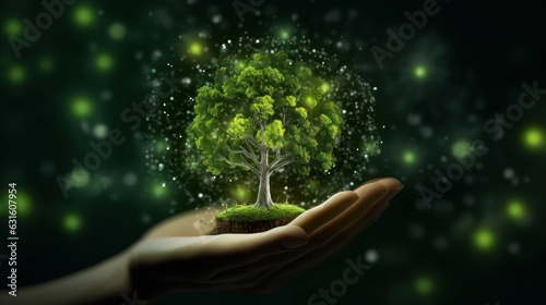 Symbolic magic green tree in a human hand on blurred background. Respect for nature, sustainable energy, care for the environment, ecological development. Earth Day concept. Copy space. 3D rendering.