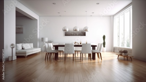 Interior of modern spacy minimalist white living room with dining area. Comfortable sofa  dining table with chairs  houseplants in pots  wooden floor. Mockup  3D rendering.