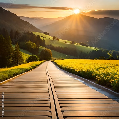Sunrise over the mountains with beautiful view of field, Generative AI 
