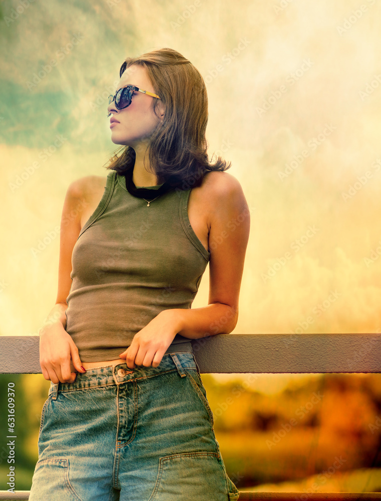 Stylized image of a girl standing on a bridge