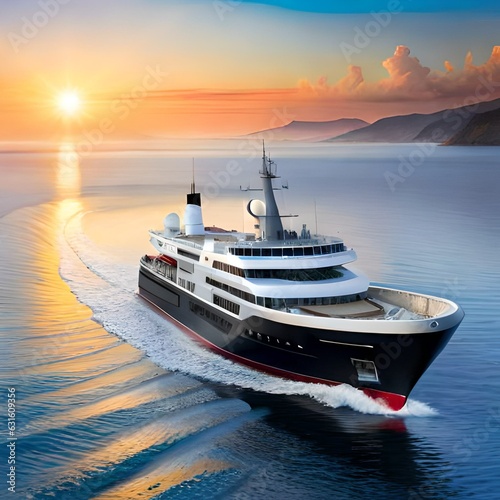Ship in the sea at sunset, Generative AI 