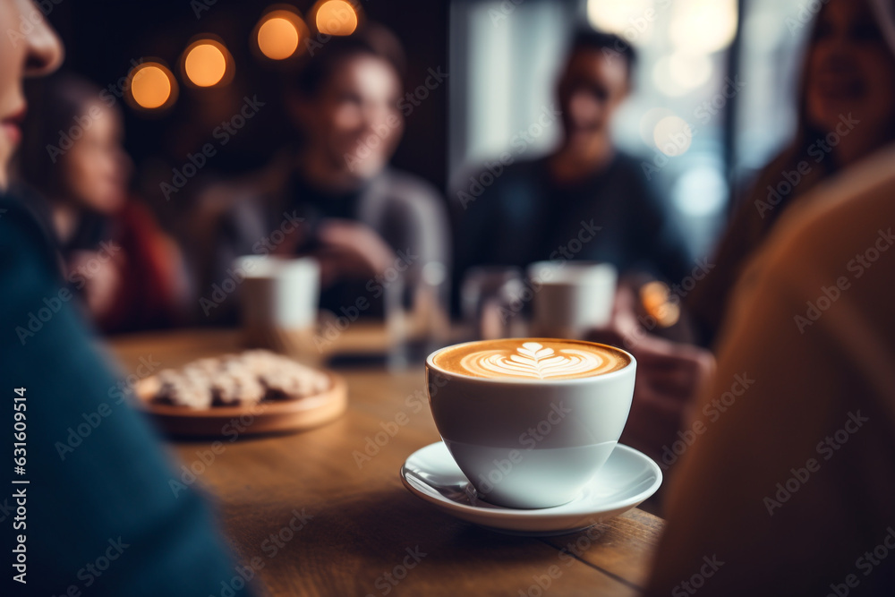 Lifestyle, friendship, food and drinks concept. Group of happy friends drinking coffee and talking with each other in cafe. Generative AI Lifestyle, friendship, food and drinks concept. Group of happy friends drinking coffee and talking with each other in cafe. Generative AI