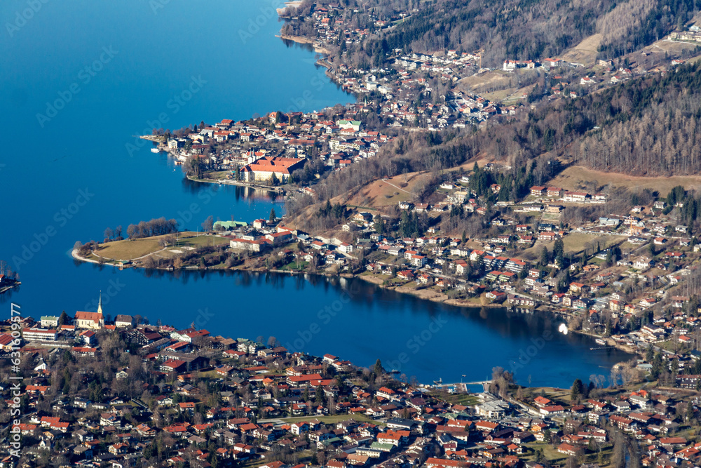 Scenic landscape view of a town around a lake