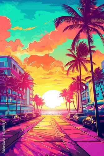 Illustration of Miami beach in a vibrant 1980s retro synthwave style, watercolor masterpiece. 