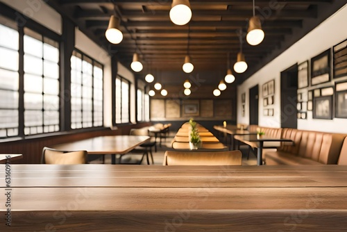 interior of a modern restaurant with wooden furniture