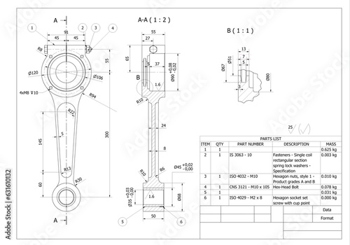 Engineering Technical Drawing Graphics of a rod crank from combustion engine in a car