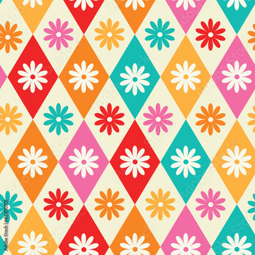 Cute Retro Flowers on Harlequin diamonds seamless pattern in pink, orange, teal, red and tangerine 
