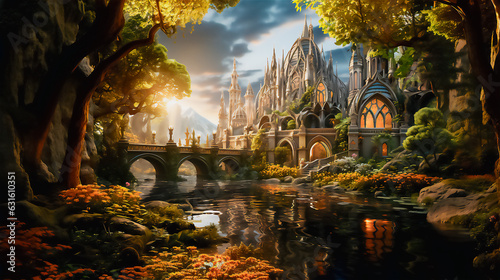 Gothic Revival Fantasy Town: Tranquil Splendor Amid Grandiose Ruins photo