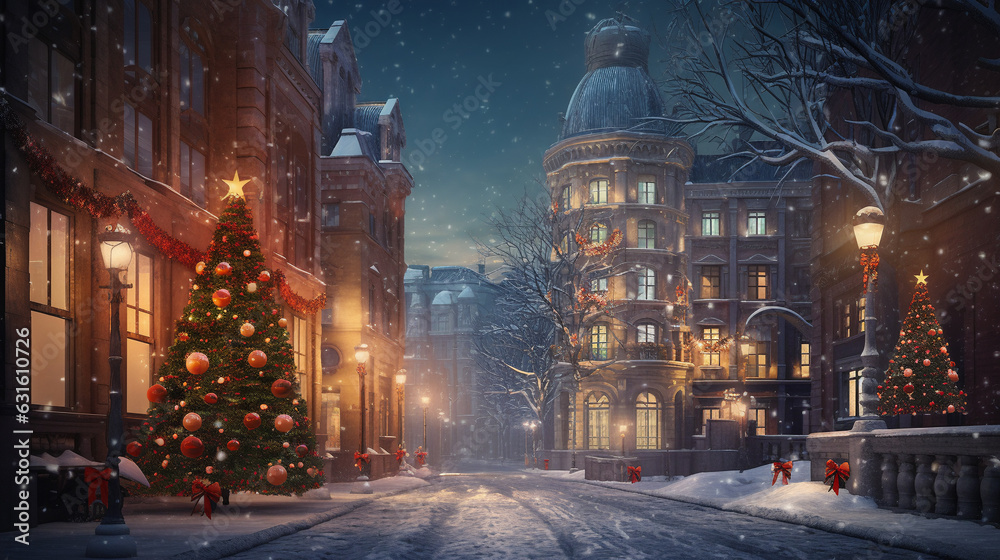 Generative AI, Christmas European street, New Year's decor, Christmas tree, garlands, postcard with views of the winter festive city - obrazy, fototapety, plakaty 