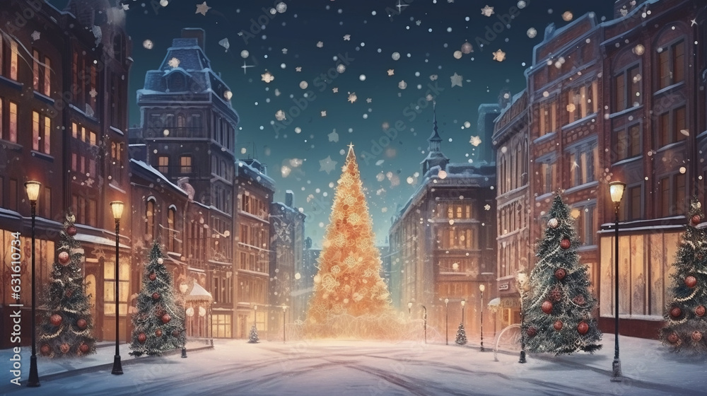 Generative AI, Christmas European street, New Year's decor, Christmas tree, garlands, postcard with views of the winter festive city