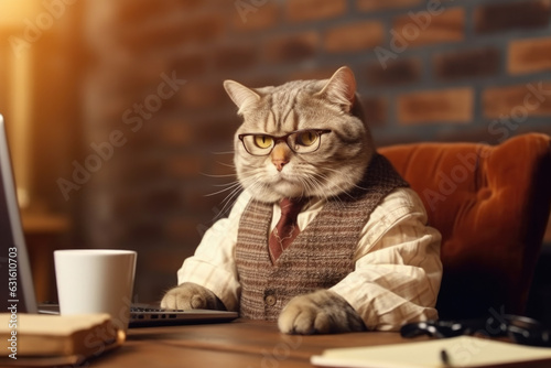 Cat dressed in stylish suit, glasses, and tie, sitting in front of laptop, ready to tackle business tasks.