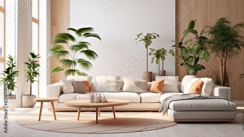Cozy elegant boho style living room interior in natural colors. Comfortable corner couch with cushions, many houseplants, wooden coffee table, rug on the floor, large window, home decor. 3D rendering. © Georgii