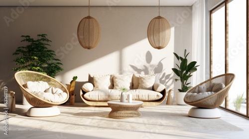 Cozy modern living room interior. Boho style wicker armchairs, stylish couch with cushions, coffee table, houseplants, wicker pendant lights add bohemian chic to bright room. Mockup, 3D rendering.