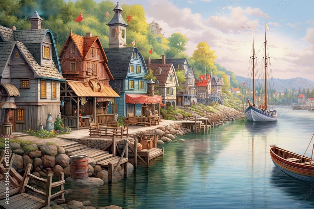 Fototapeta premium Colorful Houses & Fishing Boats: Discover the Charming Coastal Village with a Picturesque Harbor, generative AI