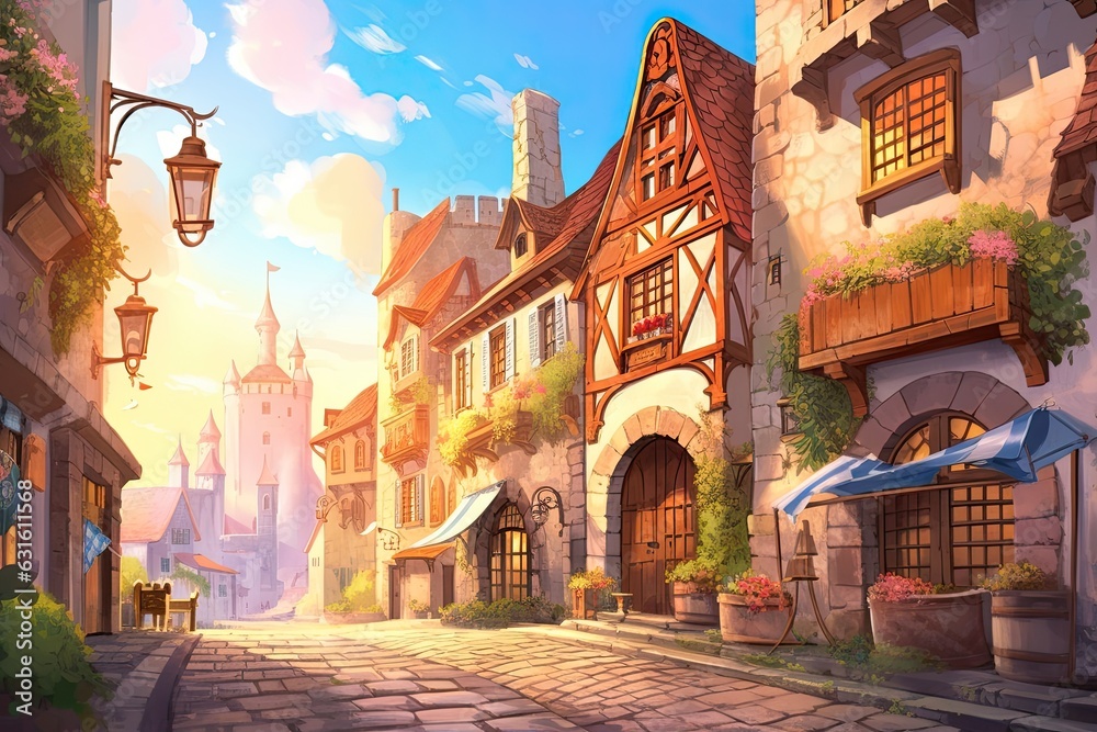 Enchanting Atmosphere: Exploring a Charming European Village with Cobblestone Streets and Colorful Buildings, generative AI
