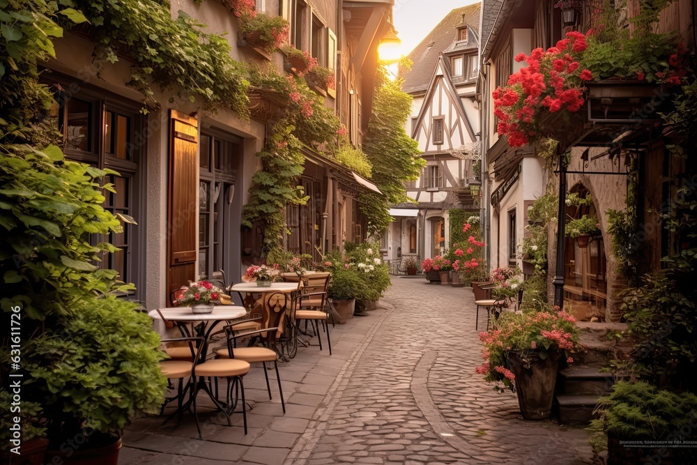 Fototapeta premium Charming European Village: Cobblestone Streets, Charming Cafes, and Historical Architecture Await, generative AI