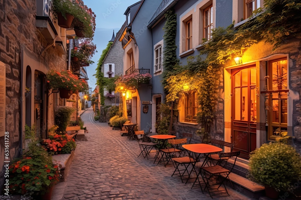 Exploring an Enchanting European Village: Cobblestone Streets, Charming Cafes, and Historical Architecture Await, generative AI