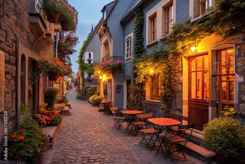 Exploring an Enchanting European Village: Cobblestone Streets, Charming Cafes, and Historical Architecture Await, generative AI © Michael
