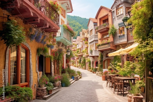 Enchanting European Village: Cobblestone Streets, Colorful Facades, and Cozy Cafes, generative AI © Michael